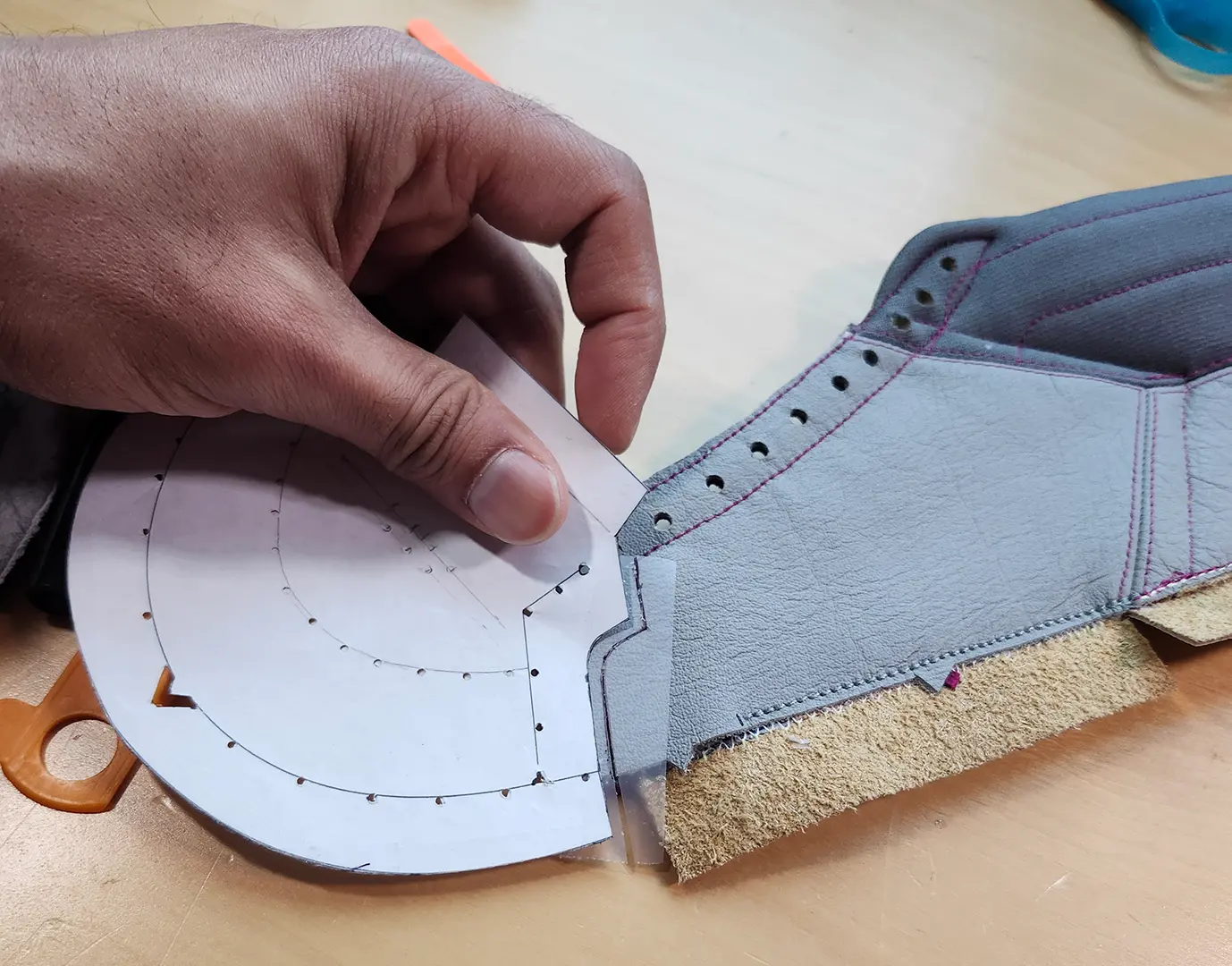 Paper Stencil of toe cap on top of leather lining of midpanel